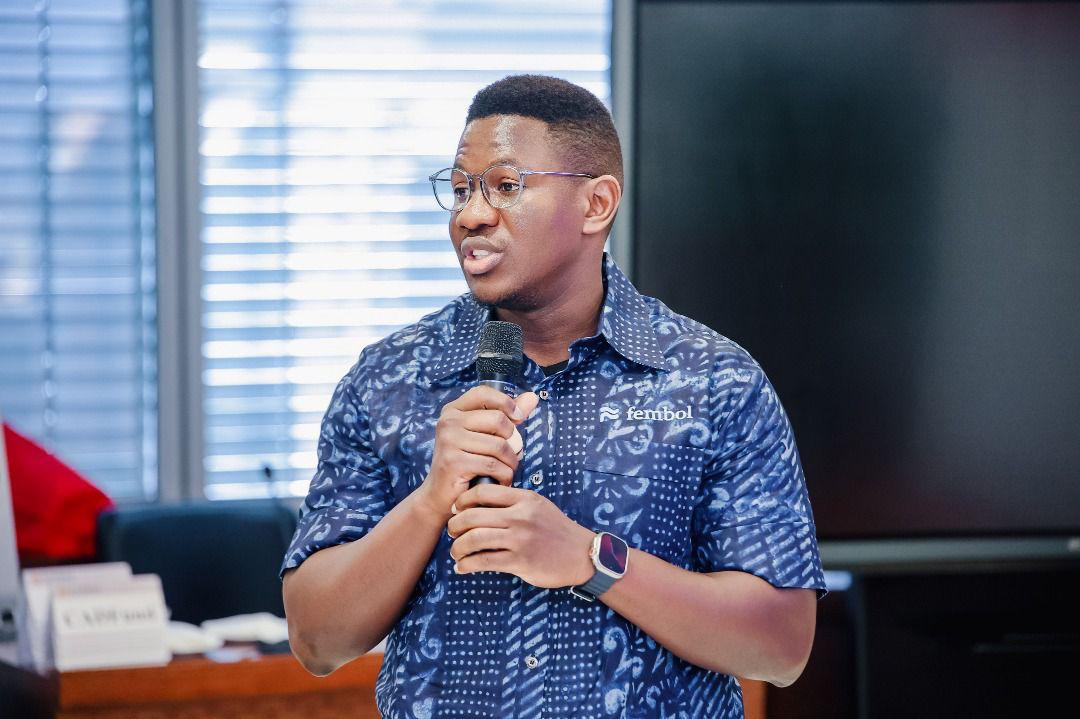 Oluwafemi speaking at a Fembol Group briefing