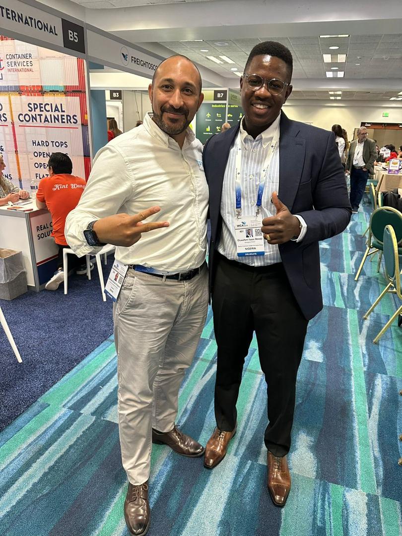 Oluwafemi with a colleague on the expo floor at the WCA World Cargo Alliance conference